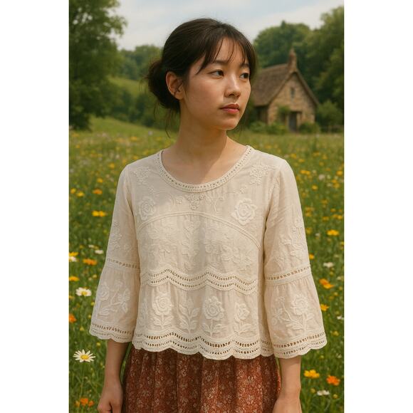 Cottagecore Embroidered Cream Blouse – Boho Whimsical Lace Peasant Top Romantic - Picture 1 of 8